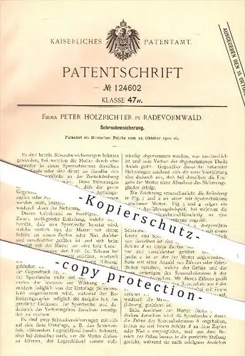 original Patent - Peter Holzrichter , Radevormwald , 1900 , Schraubensicherung , Schrauben , Mutter , Werkzeug !!