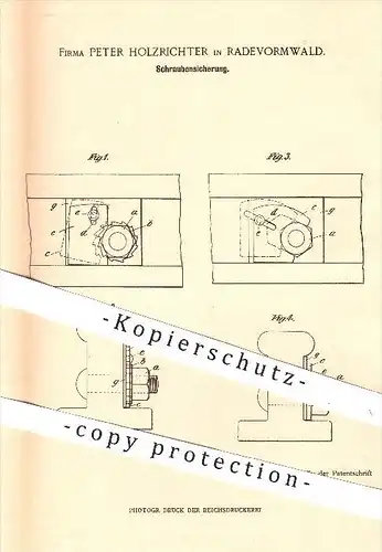 original Patent - Peter Holzrichter , Radevormwald , 1900 , Schraubensicherung , Schrauben , Mutter , Werkzeug !!