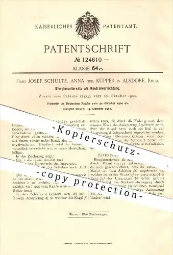 original Patent - Josef Schulte , Anna geb. Küpper / Alsdorf , 1900 , Bierglasuntersatz als Kontrollvorrichtung , Bier !