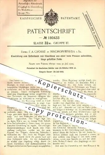 original Patent - F. A. Grosse in Bischofswerda , 1905 , Entnehmen von Glasröhren aus Pressform , Pressen , Glas !!