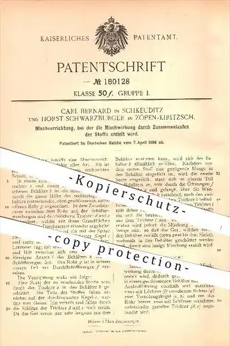 original Patent - C. Bernard , Schkeuditz / H. Schwarzburger , Zöpen - Kiritzsch , 1906 , Mischvorrichtung , Mühlen