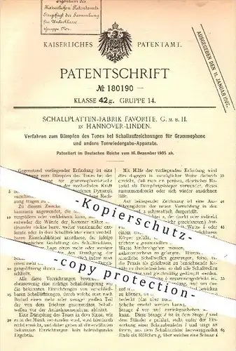 original Patent - Schallplatten - Fabrik Favorite GmbH , Hannover , Schallaufzeichnungen bei Grammophon , Plattenspieler