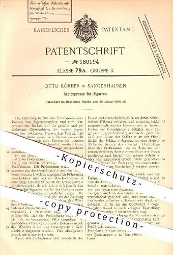 original Patent - Otto Körber in Sangerhausen , 1906 , Säulenpresse für Zigarren , Zigarre , Presse , Pressen , Tabak !