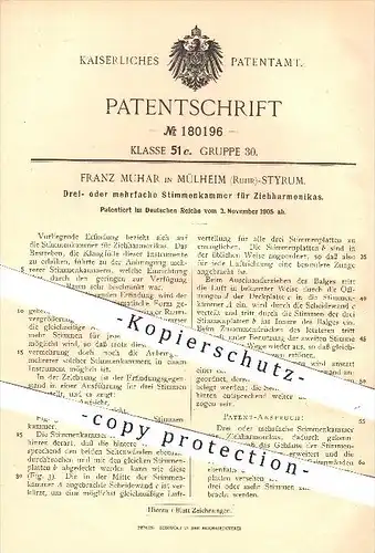 original Patent - Franz Muhar , Mülheim / Styrum , 1905 , Stimmenkammer für Ziehharmonika , Harmonika , Musikinstrumente
