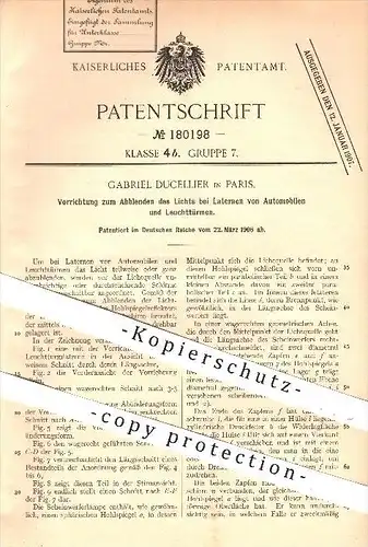 original Patent - Gabriel Duccellier , Paris , 1906 , Abblenden von Licht bei Lampen am Auto , Leuchtturm , Abblendlicht