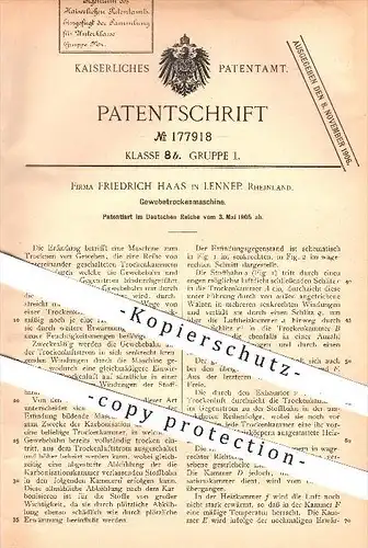 original Patent - Friedrich Haas in Lennep , 1905 , Gewebe - Trockenmaschine , Trockner , Trocknen , Trockenvorrichtung