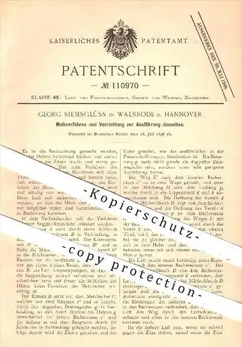 original Patent - G. Siemsglüss , Walsrode / Hannover , 1898 , Melkverfahren , Melken , Tierzucht , Kuh , Kühe , Bauer !