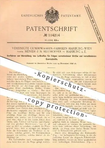 original Patent - Verein. Gummiwaren - Fabriken Harburg - Wien , Menier - J. N. Reithoffer 1898 , Luftreifen für Felgen