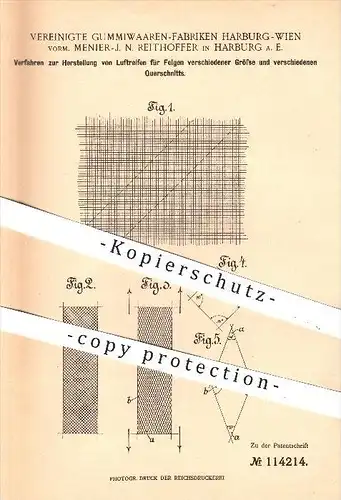 original Patent - Verein. Gummiwaren - Fabriken Harburg - Wien , Menier - J. N. Reithoffer 1898 , Luftreifen für Felgen