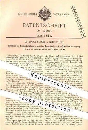 original Patent - Dr. Narziss Ach in Göttingen , 1901 , Horizontalhaltung beweglicher Gegenstände auf Schiff , Schiffe !