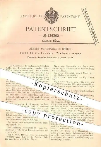 original Patent - Albert Schumann , Berlin , 1902 , Durch Tiere bewegter Tretmotorwagen  , Motorwagen , Zugtiere , Wagen