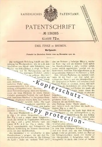 original Patent - Emil Finke in Bremen , 1901 , Wurfgewehr , Gewehr , Gewehre , Waffen , Rakete , Raketen , Patronen !!
