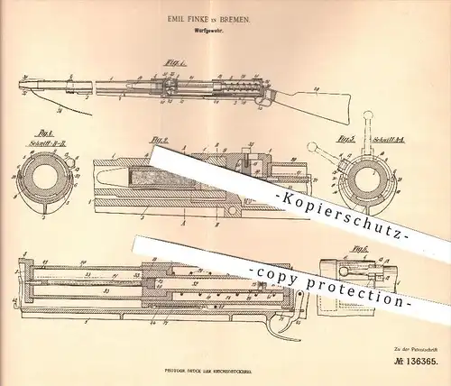 original Patent - Emil Finke in Bremen , 1901 , Wurfgewehr , Gewehr , Gewehre , Waffen , Rakete , Raketen , Patronen !!