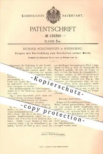 original Patent - Richard Schlössinger in Heidelberg , 1902 , in der Weite verstellbarer Kragen , Hemden , Bekleidung !