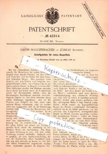 Original Patent  - Jakob Haggenmacher in Zürich , Schweiz , 1888 , Weberei !!!