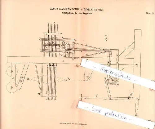 Original Patent  - Jakob Haggenmacher in Zürich , Schweiz , 1888 , Weberei !!!