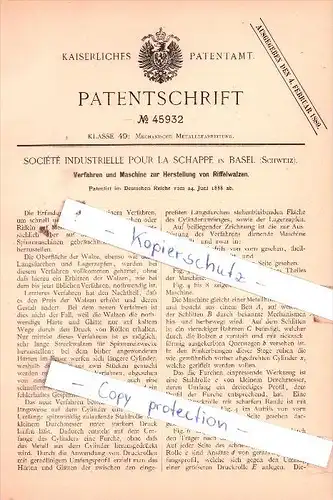 Original Patent  - Sociètè Industrielle Pour La Schappe in Basel , Schweiz , 1888 , Riffelwalzen !!!