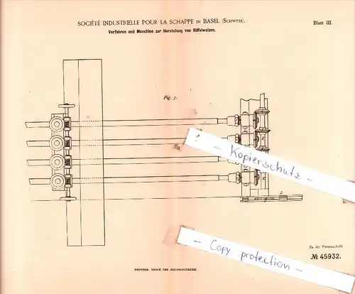 Original Patent  - Sociètè Industrielle Pour La Schappe in Basel , Schweiz , 1888 , Riffelwalzen !!!