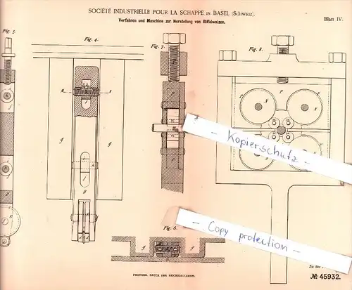 Original Patent  - Sociètè Industrielle Pour La Schappe in Basel , Schweiz , 1888 , Riffelwalzen !!!