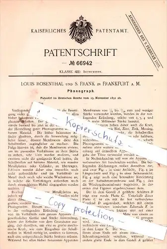 Original Patent  -  Louis Rosenthal und S. Frank in Frankfurt a. M. , 1891 , Phonograph , Grammophon !!!