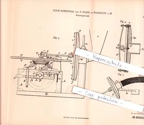 Original Patent  -  Louis Rosenthal und S. Frank in Frankfurt a. M. , 1891 , Phonograph , Grammophon !!!