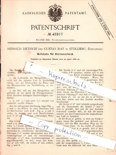 Original Patent  - H. Dietrich und G. May in Stollberg , Erzgebirge , 1888 , Schankgeräthschaften !!!