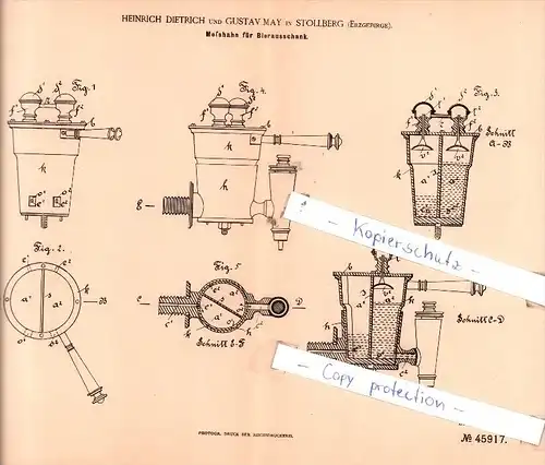 Original Patent  - H. Dietrich und G. May in Stollberg , Erzgebirge , 1888 , Schankgeräthschaften !!!