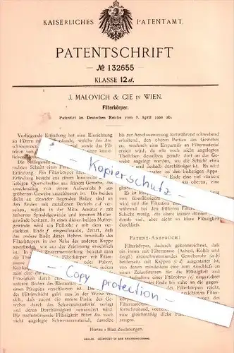Original Patent  - J. Malovich & Cie in Wien  , 1900 , Filterkörper !!!