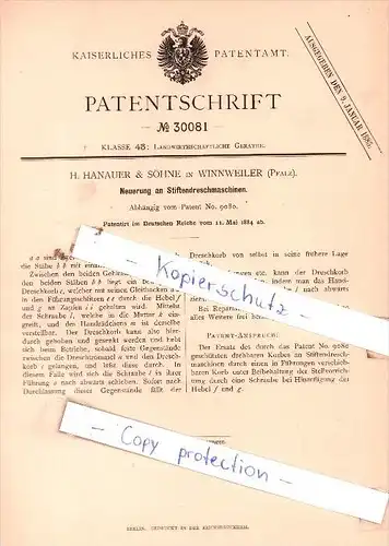 Original Patent  - H.Hanauer & Söhne in Winnweiler , Pfalz , 1884 , Stiftendrehmaschinen !!!