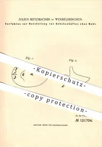 original Patent - Julius Metzmacher , Wermelskirchen 1900 , Schuhschaft ohne Naht , Schuh , Schuhe , Stiefel , Schuster