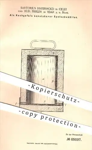 original Patent - Sartorius Rheinhold / Celle , R. Fissler / Idar , 1891 , Kochgefäß & Speisebehälter , Kochtopf , Koch