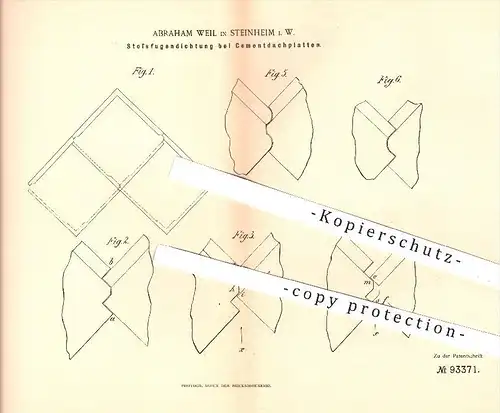 original Patent - Abraham Weil in Steinheim , 1895 , Stoßfugendichtung bei Zement - Dachplatten , Dach , Dachdecker !