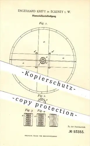 original Patent - Engelhard Kreft in Eckesey , 1897 , Riemscheiben - Befestigung , Riemenscheibe , Wellen , Maschinen !!