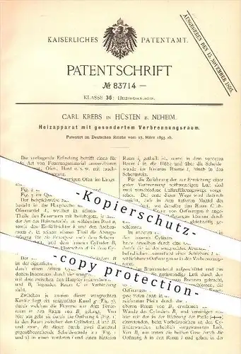 original Patent - C. Krebs , Hüsten , Neheim , 1895 , Heizapparat mit Verbrennungsraum , Heizung , Ofen , Öfen , Herd !!