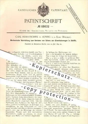 original Patent - Carl Rehatschek , Aussig / Elbe , Böhmen , 1892 , Umladen von Gütern aus Eisenbahnen in Schiffe !!