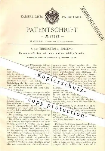 original Patent - S. von Ehrenstein , Breslau , 1892 , Kammer - Filter mit Abflussrohr , Filterpresse , Zuckerfabrik !!!