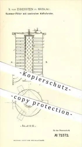 original Patent - S. von Ehrenstein , Breslau , 1892 , Kammer - Filter mit Abflussrohr , Filterpresse , Zuckerfabrik !!!
