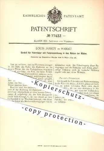 original Patent - Louis Jassoy in Hanau , 1894 , Gestell für Fahrräder , Fahrrad , Radnabe , Rad , Räder , Fahrzeug !!!