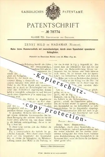 original Patent - E. Hild , Hadamar , Nassau 1894 , Schloss mit Schlagfeder , Hammerschloss , Waffen , Gewehr , Gewehre