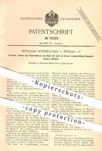 original Patent - B. Hufenhäusser , Werdau , 1894 , Krempel für Band mit Quer - Fasern , Spinnen , Spinnerei , Stoffe !