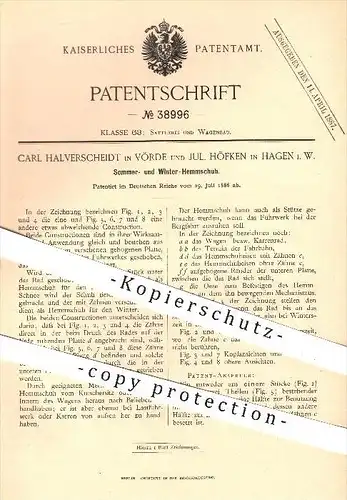 original Patent - C. Halverscheidt / Vörde , J. Höfken / Hagen 1886, Hemmschuh für Sommer & Winter , Rad , Räder , Wagen