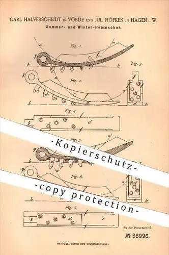 original Patent - C. Halverscheidt / Vörde , J. Höfken / Hagen 1886, Hemmschuh für Sommer & Winter , Rad , Räder , Wagen