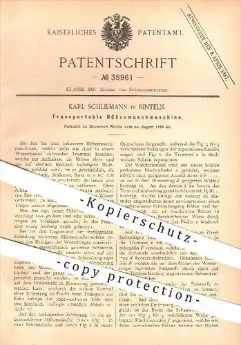 original Patent - K. Schliemann , Rinteln , 1886 , Rüben - Waschmaschine , Zucker , Zuckerfabrik , Landwirtschaft , Rübe