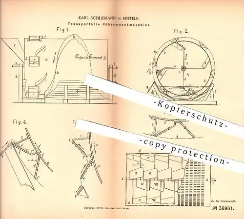 original Patent - K. Schliemann , Rinteln , 1886 , Rüben - Waschmaschine , Zucker , Zuckerfabrik , Landwirtschaft , Rübe