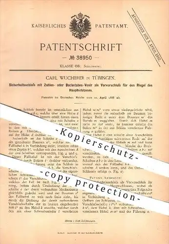 original Patent - C. Wucherer , Tübingen , 1886 , Sicherheitsschloss mit Zahlen - Buchstaben - Vexier , Schloss !!