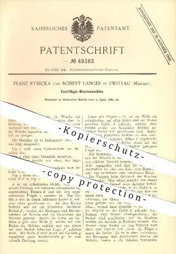 original Patent - F. Rybicka , R. Langer , Zwittau , Mähren , 1889 , Zentrifugal - Waschmaschine , Waschen , Wäsche !!!
