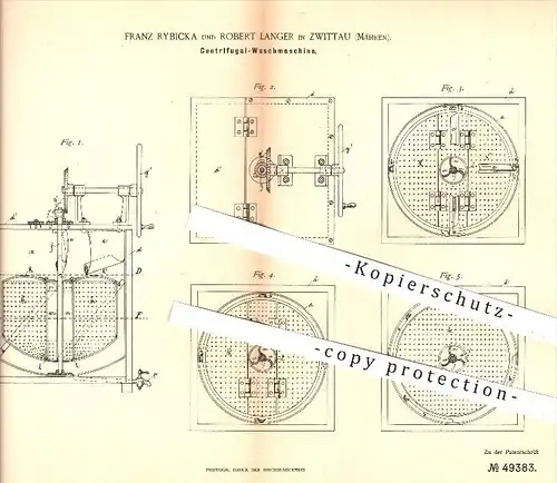 original Patent - F. Rybicka , R. Langer , Zwittau , Mähren , 1889 , Zentrifugal - Waschmaschine , Waschen , Wäsche !!!