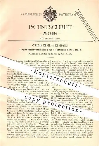 original Patent - G. Kesel , Kempten , 1892 , Stromschlussvorrichtung für elektr. Pendeluhren , Uhr , Uhren , Uhrmacher