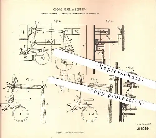 original Patent - G. Kesel , Kempten , 1892 , Stromschlussvorrichtung für elektr. Pendeluhren , Uhr , Uhren , Uhrmacher