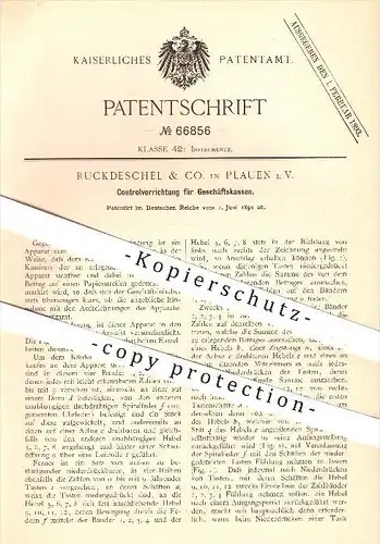original Patent - Ruckdeschel & Co. in Plauen , 1892 , Kontrollvorrichtung für Kassen , Kasse , Kassensystem , Kassierer